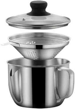 Hopbucan Stainless Steel Fat Separator 1L/4 Cup, Grease Separator with Strainer and Glass Lid, Soup Oil Separator Cup