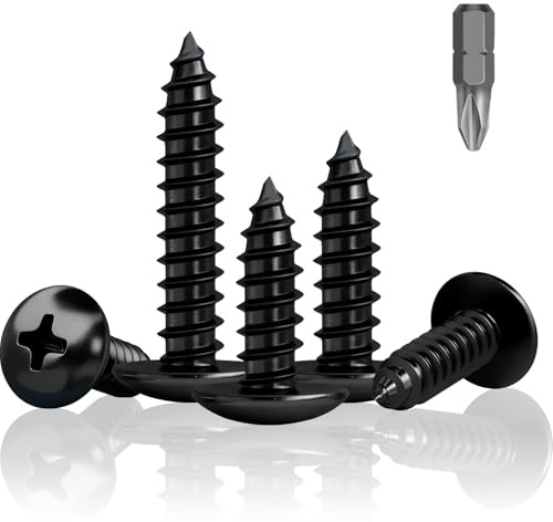 Jyvex Lot de 100 vis à tôle noires - M5 x 16 mm - Vis à bois noires - Vis à tête plate pour bois - Vis noires pour panneaux acoustiques - Vis à tête plate galvanisées - Vis à tête plate cruciformes