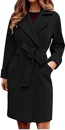Lange Trenchcoat Damen Elegant Einfarbig Wollmantel Langarm Revers Winterjacke Schlanke Jacke Windbreaker mit Gürtel Herbst Winter Übergangsjacke Schlitz Wintermantel Warme Wolljacke Mantel Windjacke