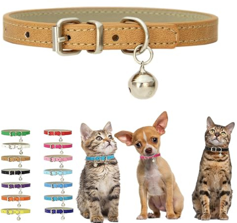 Khaki Small Collar with Bell, Soft Pu Leather Kitten Dog Collars Adjustable Buckle for XXS XS Extra Small Medium Tiny Female Male Boys Girls Pets Puppy Cats Teacup Yorkie X-Small