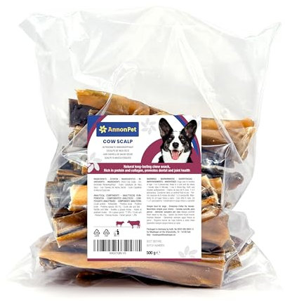 AnnonPet® Pelle di Testa di Bovino Essiccata 500g - Snack Naturale Lunga Durata per Cani Adulti - Masticativi Naturali per Pulizia Dentale e Rafforzamento Muscoli Masticatori