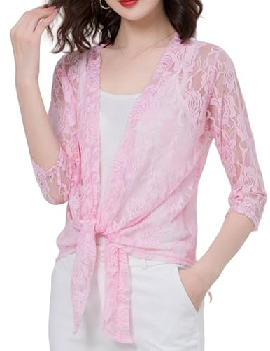 Boléros Femme,Boléro en Dentelle À Nouer pour Femme, Manches 3/4, Haut Court, Cardigan, Veste De Soirée, Chemisier Vintage, pour Sortir, pour Couvrir Les Robes De Soirée Décontractées