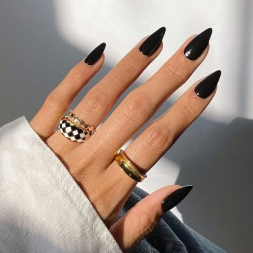 KQueenest Schwarz Press On Nails Mittel Mandel - Acryl Nägel zum Aufkleben, Natürlich Einfarbig Fake Nails Fingernägel zum aufkleben, Glänzende Gel Full Cover Kunstnägel für Frauen 24 Stück
