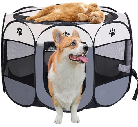 Exquilnova Tragbarer Welpenauslauf, Hundelaufstall Faltbar Laufstall Katzengehege für Wohnung, Welpenlaufstall für Drinnen Wasserdichtes Oxford-Tuch für Hunde Katzen Kaninchen, 74 x 74 x 43 cm (Grau)