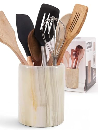 SPESHSTONES Marble Utensil Holder, 6.5 Inch Cream Onyx Utensil Crock | Handamde stone caddy for wooden utensils, spatulas, spoons & whisks, kitchen counter organizer, farmhouse décor & gift