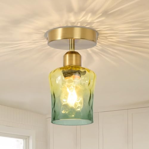 KLGFB Contemporary Semi-Flush Mount Ceiling Light,E26 Brass Small Close to Ceiling Light Fixture with Hammered Glass Shade for Bathroom,Washbasin,Corridor, Entryway,Balcony