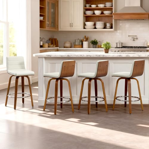 Bekrvio Lot de 4 tabourets de bar pivotants - Charge maximale : 200 kg - En cuir synthétique - Avec dossier - Hauteur d'assise : 65 cm - Tabouret de bar pivotant - Avec pieds en bois et repose-pieds