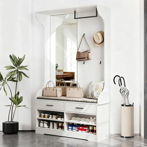KSFASHZ Vestiaire D'entrée avec Miroir, Armoire D'entrée Vestiaire Porte-Manteau, 104×35×180 cm, Meuble Chaussure avec Porte Manteau MeubleD'entrée avec RangementMeuble PorteManteau Entrée, Blanc
