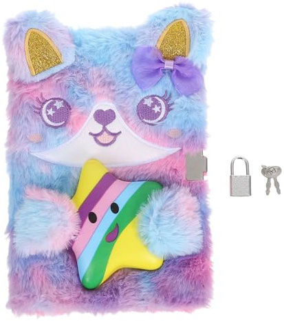 MOTHNUR Kawaii Plush Notebook for Lock Fluffy Fuzzy Journal Cartoon Diary for Lightweight Privacy-protecting Writing Book for School Travel and Office Use Tie-dye Purple Cover