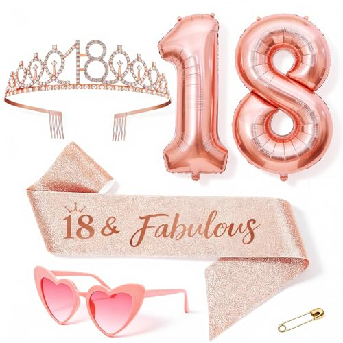 Anruzon 18. Geburtstag Mädchen Deko, Geschenke für Mädchen, 18. Geburtstag Krone und Schärpe, Rosa herzförmige Brille, Luftballons Rosegold, 18 Geburtstagsparty Deko Supplies