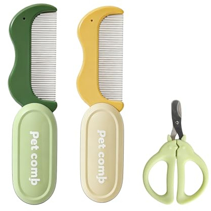 Multi-functional Pet Grooming Set, Cat Comb (Yellow, Green), Double-Hole Cat Nail Clippers, Folding Pet Comb, Kitten Accessories