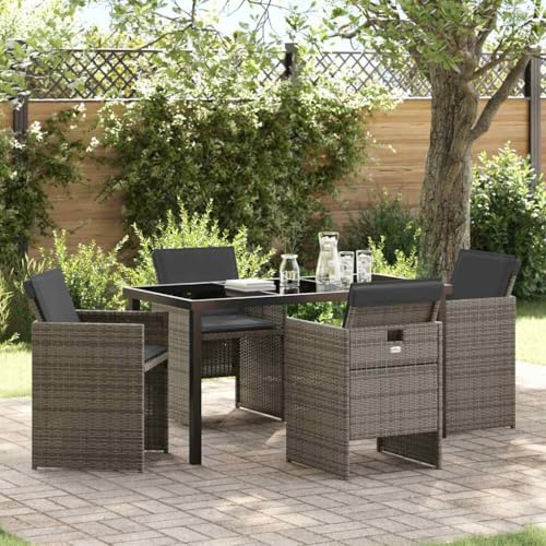 QJBSAVVA 5-Teiliges Gartenmöbel Set Grau 140 x 80 cm Poly-Rattan Tisch & 4 Stühle Modernes Design Robust und Langlebig für Balkon Terrasse und Garten