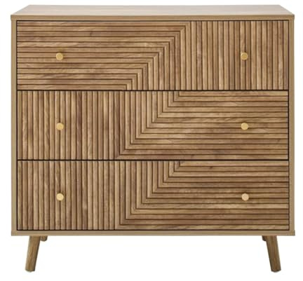 Calicosy Kommode Eden mit 3 Schubladen, L 80 x T 40 x H 75 cm | Fassaden mit L-Lamelleneffekt, Knöpfe Gold matt, Füße aus Holz, dekorativ, Schlafzimmer, Wohnzimmer