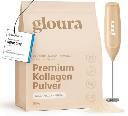 Gloura Premium Kollagen Pulver, 100 % reines Collagen Hydrolysat Typ 1 & 3, 490g - geschmacksneutral, frei von Zusätzen, gute Löslichkeit