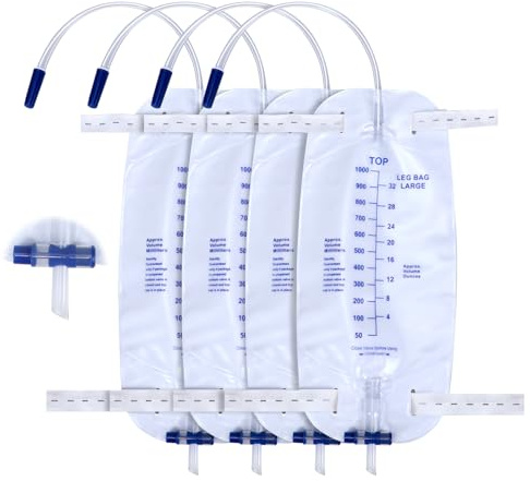 Urine Drainage Bag 1000ML Urinary Catheter Leg Bags with Anti Reflux Chamber Urinal Night Bag T Tap Elastic Straps Easy Flip Drain for Men Women 4PCS