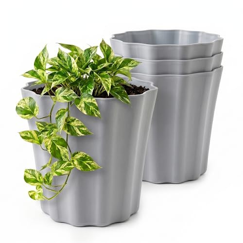 Lizzy 4 Pack Plastic Plant Pots 20cm | Round Flower Pots with Pleat Design Indoor Outdoor Plant Pots Heavy Duty Garden Planters for Plants Flowers Herbs Stylish Off Grey Pots