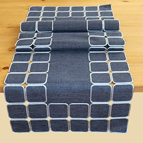 Raebel - Tischläufer - dunkelgrau-ecru Kurbelstickerei Quadrate - (40x140 cm)