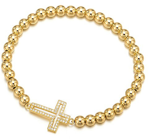 COOLSTEELANDBEYOND Goldfarben Funkelnden Damen Mädchen Perlen-Armband mit Zirkonia Horizontalen Seite Kreuz