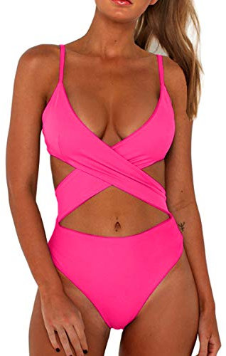 CHYRII Damen Sexy Criss Cross High Waist Cut Out One Piece Monokini Badeanzug, rose, Medium