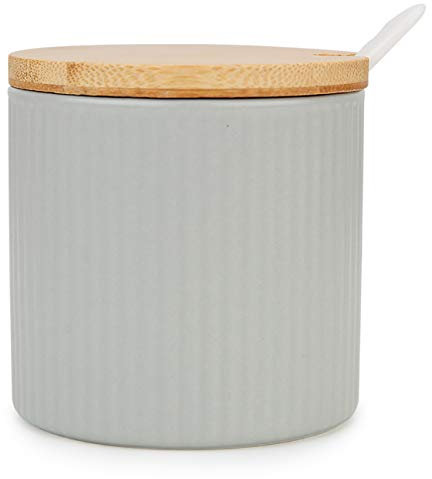 Chase Chic Azucarero, Azucarero Cerámica con Tapa de Madera y Cuchara de Porcelana, 8.45oz/250ml, Perfecto Para la Cocina, Incluye Cuchara, Sirviendo para Azúcar, Sal, Especias y Más, Gris