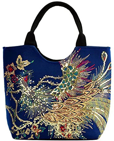 GUOCU Damen Chic Handtasche Umhängetaschen Ethnisch Pfau mit Pailletten bestickt Doppelseitig Handtasche Tote Schultertasche Handgefertigt mit Blumen Einkaufs Tasche aus Canvas 1 one size