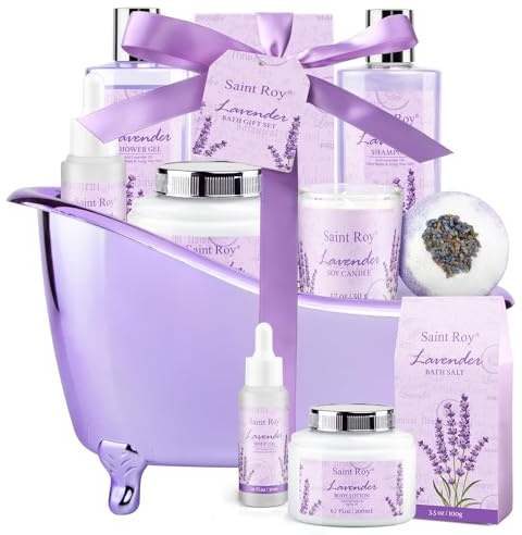Lavendel Bad und Körper Geschenkkorb, Gesichtshautpflege Set, Spa Kit für Frauen, Selbstpflege Entspannungsset, Verwöhnset Selbstpflegeset, Geburtstag, Weihnachten, Badesets für Frauen Geschenk
