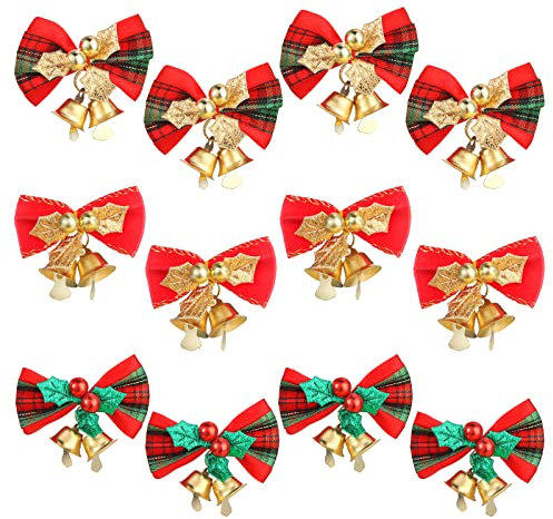 Geosar 12 Pcs Christmas Bows with Bells Mini Tiny Tree Decorations Wreath Burlap Bows Vintage Bowknots for Xmas Tree Presents Wrapping Supplies (Red, Green and Gold)
