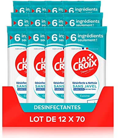Lingettes nettoyantes La Croix Désinfectant sans Javel Cuisine - x70 Lot de 12