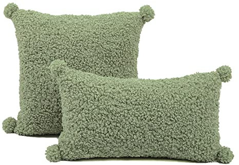 EXQULEG 2er Set Kissenbezüge mit Pompoms Dekorative Kissenhülle Kopfkissen Sitzkissen Sofa Kissenbezug Zierkissenbezüge für Sofa Schlafzimmer Büro Auto (30 * 50cm+40 * 40cm,Bohnengrün)