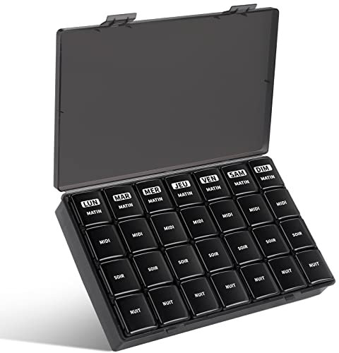 Opret Pilulier Semainier Français 7 Jours 28 Compartiments 4 Fois Multicolores Pilulier Hebdomadaire Boîte à Medicaments (Tout noir)