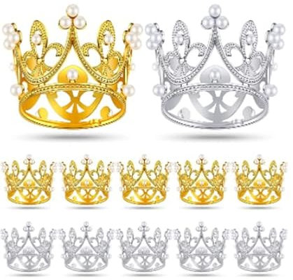 12 Pieces Mini Crown Decoration, Pearl Cupcake Toppers Tiara Vintage Prinrcess Tiara Cake Toppers for Birthday Party Wedding Baby Show Cake Decoratio (Gold, Silver)