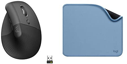 Logitech Lift Vertikale Ergonomische Maus, Kabellos, Bluetooth oder Logi Bolt USB-Empfänger, 4 Tasten - Grau & Mouse Pad - Studio Series, Computer-Mauspad mit Anti-Rutsch-Gummiboden - Blau/Grau