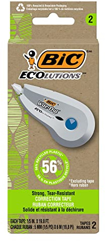 BIC Ecolutions Wite-Out Brand Correction Tape, 19.6 Feet, 2-Count Pack, Correction Tape Made from 56% Recycled Plastic Excluding Tape
