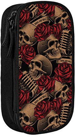 Federmäppchen Schädel Mikrofone Rosen Rock Federmäppchen Reißverschluss Große Kapazität Schreibwaren Organizer Tragbar für Jungen Mädchen