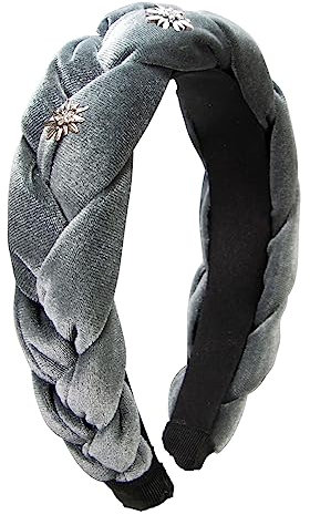 Alpenflüstern Trachten-Haarreif Samt Flechtoptik & Strass-Edelweiß - Damen Haarschmuck rutschfest, Haarband geflochten fürs Dirndl (grau) ADV129