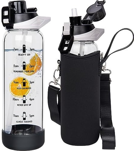 Seekua 0.8l Sport Gourde Verre avec Paille & Heure de Motivation 800ml Bouteille d'eau Verre Réutilisable sans BPA avec Marqueur de Temps