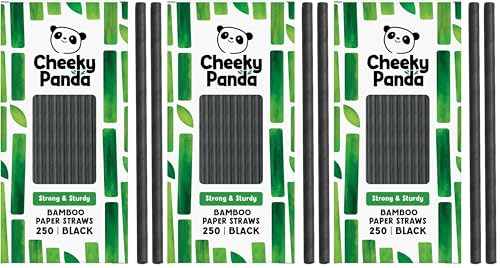 The Cheeky Panda Bamboo Paper Straws | 250 Black Coloured Paper Drinking Straws (Pack of 3)