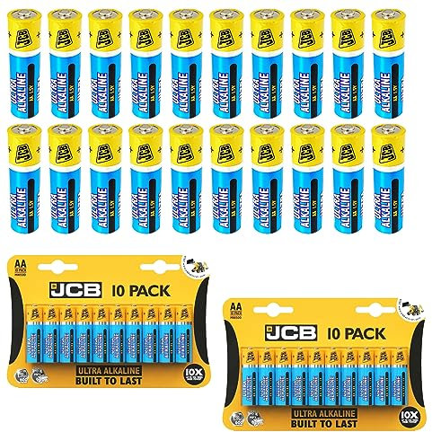 AA Batteries, JCB Batteries AA batteries AA pack of 20 Ultra Alkaline double aa batteries 1.5v 10x More Power year shelf life for toys fairy lights camera household applications LR6 Basic AA Battery