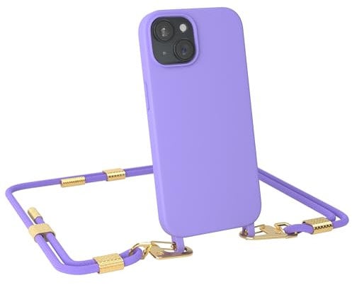 EAZY CASE - Handykette mit Karabiner kompatibel mit iPhone 15 - Hülle Silikon Fallschutz Handyhülle für iPhone 15 Kette zum Umhängen Schutzhülle mit Mikrofaser in Lavendel Lila - Clips Gold