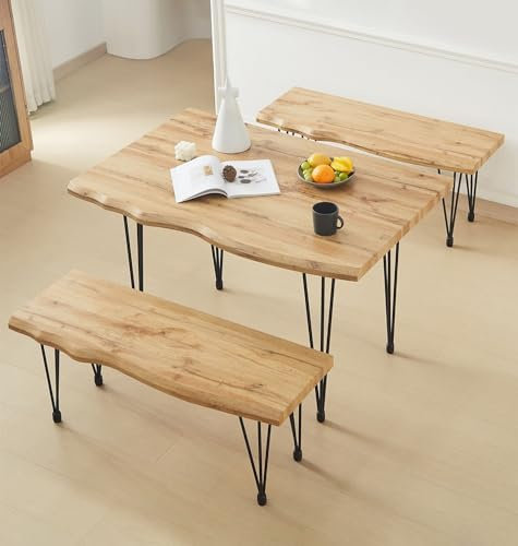 Hallowood Furniture Cullompton Dining Table and Bench Set, Live Edge Effect Kitchen Table with Black Metal Legs & 2 Benches, Dining Room Set for Home, Cafe & Office (120cm)