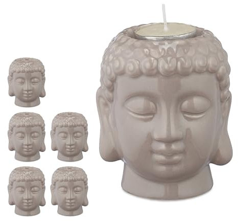 Relaxdays 6 x Buddha Teelichthalter, Keramik, Buddha-Kopf für Teelicht, Zen-Deko für Wohnzimmer & Bad, Feng Shui Deko, grau