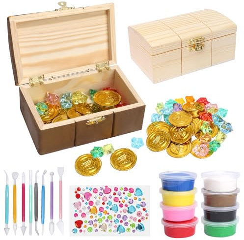 LOHAME 2 Stück Schmuckkästchen Basteln Kinder Mini Schatzkiste Holzbasteln DIY Schatztruhe Holzkiste mit Deckel Kreative Geschenke für Kinder Mädchen Jungen Piratenparty Kindergeburtstag