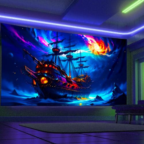 Arsey Blau Geist Piratenschiff Schwarzlicht Wandteppich UV Reaktiv Meer Landschaft Wandtuch Hippie Segelboot Wandteppiche Wanddeko Schlafzimmer Partydekoration, Extra Großer 300x180cm