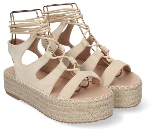 shoes&blues.es 85024 Sandalia de Mujer con Plataforma de Yute, Comodas y Elegantes, Tiras Cruzadas con Cordones, Pala y Talon Abierto, Ideales para Primavera-Verano. Beige Talla 40