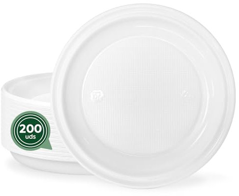 MAXI PRODUCTS - 200 Platos Plástico Reutilizables - Platos Vajilla - Ø20,5 cm Llano - Platos Reciclables - Plato Redondo - Alta Resistencia - Picnic - Celebraciones - APTO COMIDAS CALIENTES Y FRÍAS