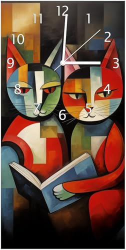 Wallario Design-Wanduhr Lesende Katzen aus Glas, Motiv-Uhr Größe 30 x 60 cm, weiße Zeiger