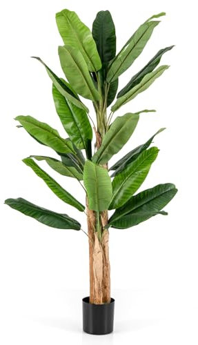 COSTWAY Plátano Artificial, Platanera Artificial con 27 Hojas Grandes y Macetero, Platanera Decorativa para Oficina Terraza Jardín Salón Hogar, Planta Artificial, Verde (195 cm)
