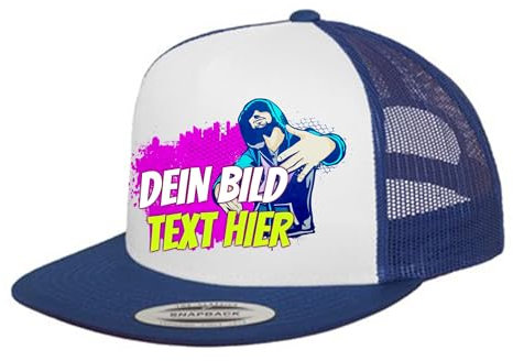 Kiwistar UG - Basecap - royal blau weiß - Klassik Trucker - mit Wunschtext und Foto individuell personalisiert