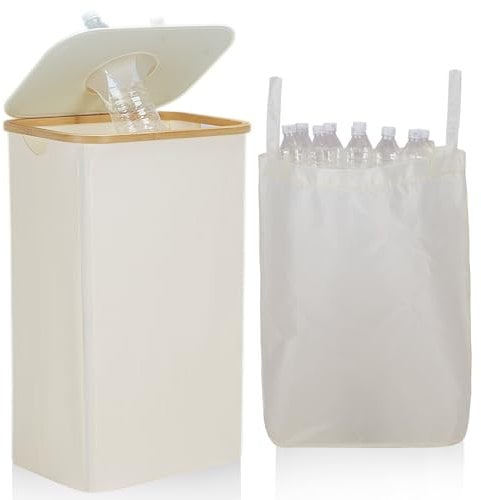 ROSOS Deposit Bottle Collector Bins with Lid, 105L Large Bottle Bins with Lid, Deposit Bottles Collection with Carrying Bag, Deposit Container Storage Empty Bottle Collector for Home, Beige