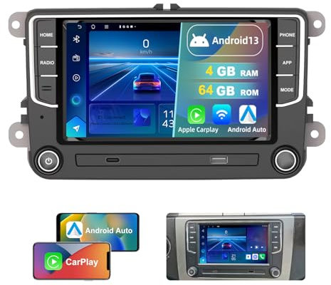 Dvrmedia Autoradio 4GB+64GB Android 13 für VW Golf 5 V 6 Vi Passat B6 B7 Polo Tiguan Skoda Seat 7 Touchscreen mit Bluetooth Radio kabellos CarPlay Android Auto Autoradio 2din mit GPS FM WiFi DSP